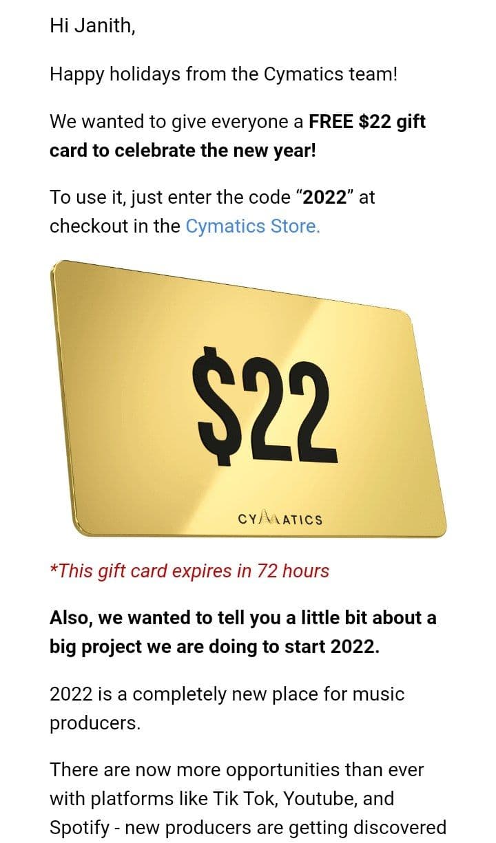 Cymatics Free $22 gift card 🤤