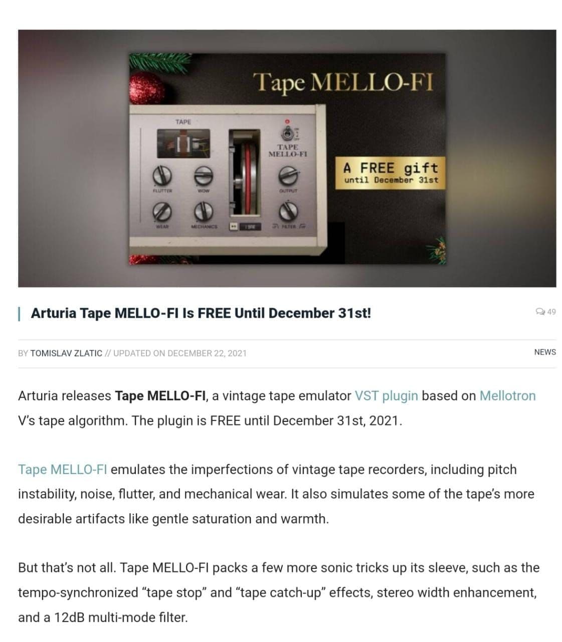 🔴LMITED TIME 🔴 Arturia Tape Mello-Fi Free Until 