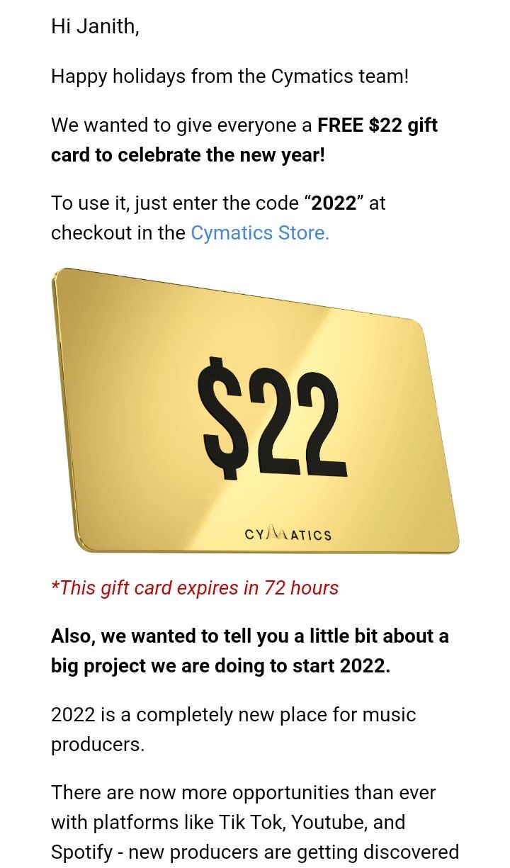 Cymatics Free $22 gift card 🤤